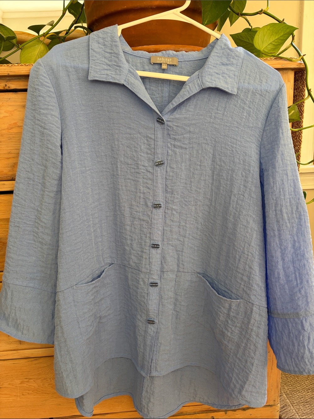 Habitat Blue Crinkle Button Tunic Shirt Lagenlook Pockets Large Excellent